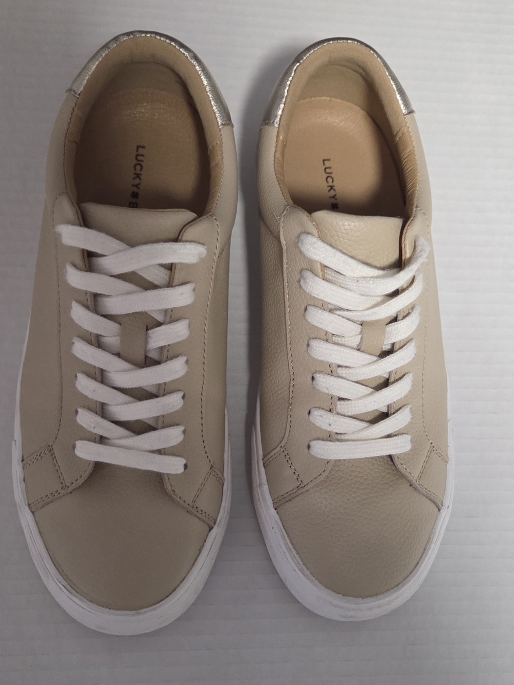 Lucky Brand Women's Beige Leather Sneakers with White Laces